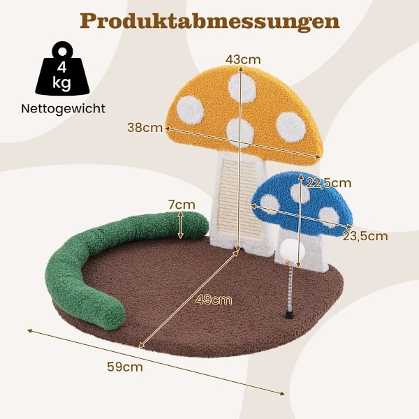 Kradsestolpe i svampelook med katteseng og sisal kradsebræt & fjerbold & nakkestøtte kattetræ