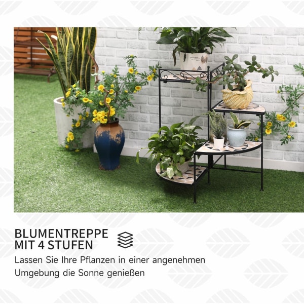 Blomsterstativ 4-Trins Sammenfoldelig Blomstertrappe Til Have Og Altan, Metal Med Keramiske Fliser, Sort+Beige, 64X64X72Cm