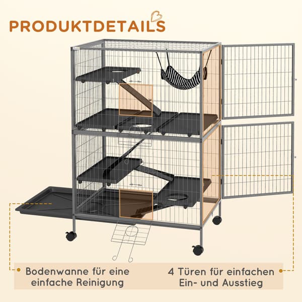 Bur til gnavere multifunktionel 4 platforme 3 ramper 4 døre dim. 80L x 52W x 128H cm Stål Grå Sølv Sort