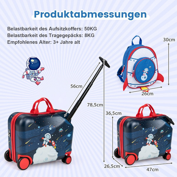 2-osainen lasten matkalaukku + reppu 47 cm pitkä ajettava matkalaukku ja 30 cm leveä reppu 12"+18" astronautit