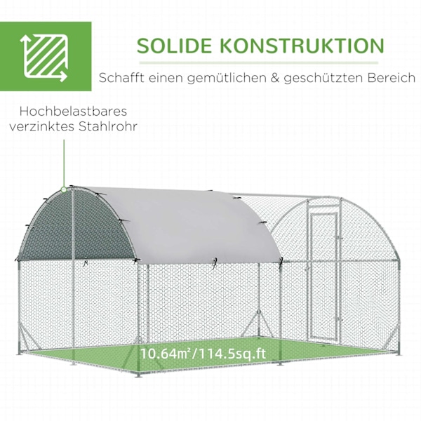 Chicken Coop Outdoor Run Valmistettu teräksestä, 280 x 380 x 197 cm Kanahäkki UV-suojatulla kannella, Ovi, Kanalaukku 6-12 kanalle, Pienet Eläimet, Ho