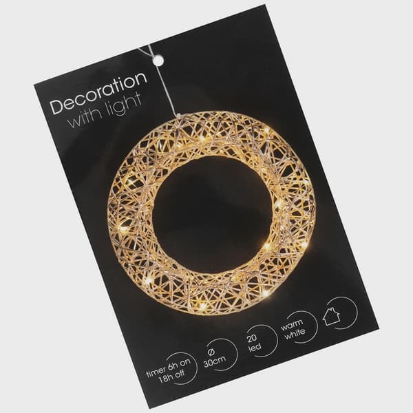 Julkrans, 30 cm, Guld, 20 LED-lampor, Batteritimer