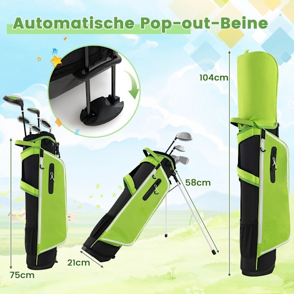 6-delat barngolfklubbset med golfbag och regnskydd för barn i åldern 11-13 år grön