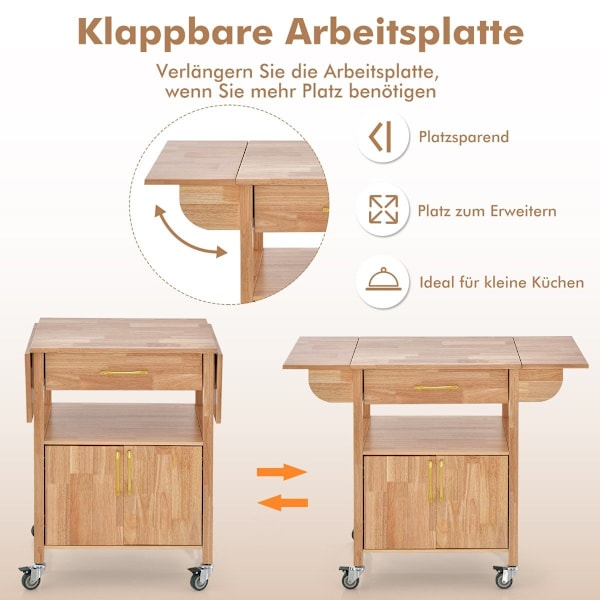 Køkkenvogn med foldebordplade & skuffe & skab serveringsvogn natur