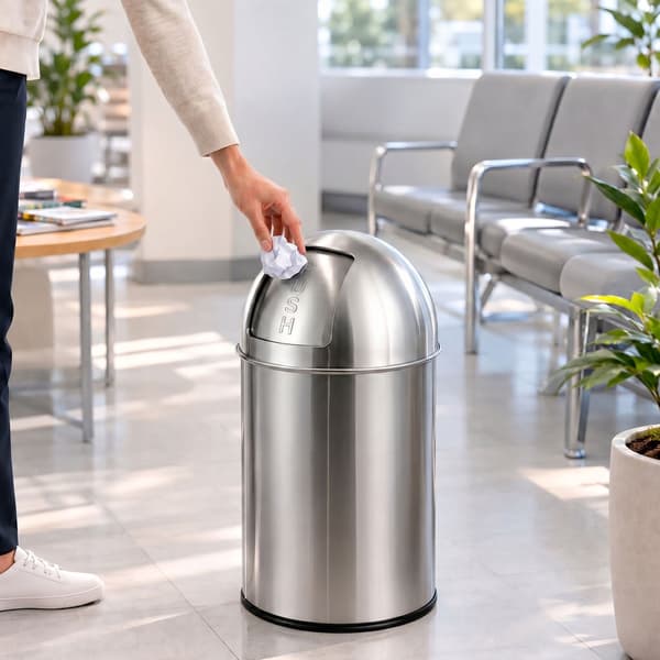 Avfallsbehållare i rostfritt stål med trycklock, 70 liter, silver