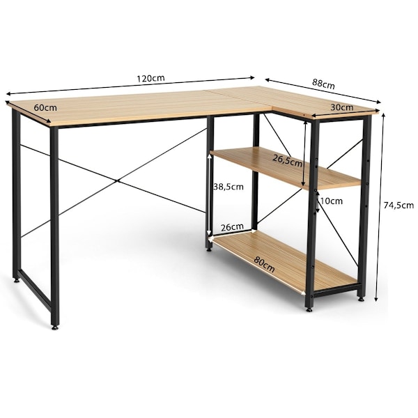 L-formet skrivebord hjørne computerbord med opbevaringsrum kontorbord 120 x 88 x 74,5 cm natur