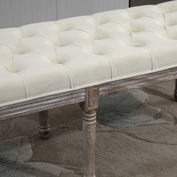 Verhoiltu Penkki Beige Vintage Sänkypenkki Napeilla, Samettinen Pinta, Kumipuu, 142X47X51Cm