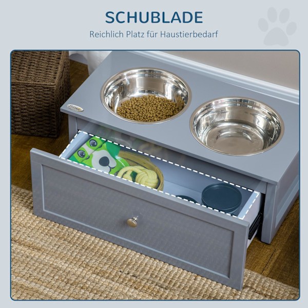 Hundeskålskuffe Rustfrit Stål Dobbeltskål Medium Hundegrå Foderstation