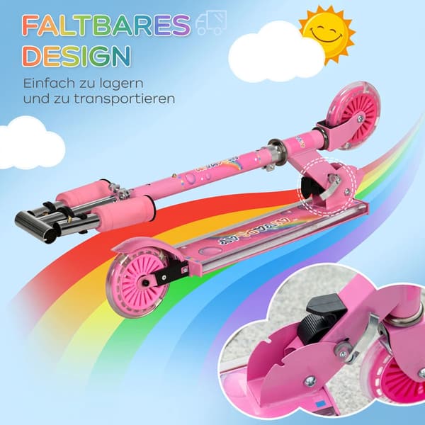 Rosa barnsparkcykel med LED-hjul och justerbart styre