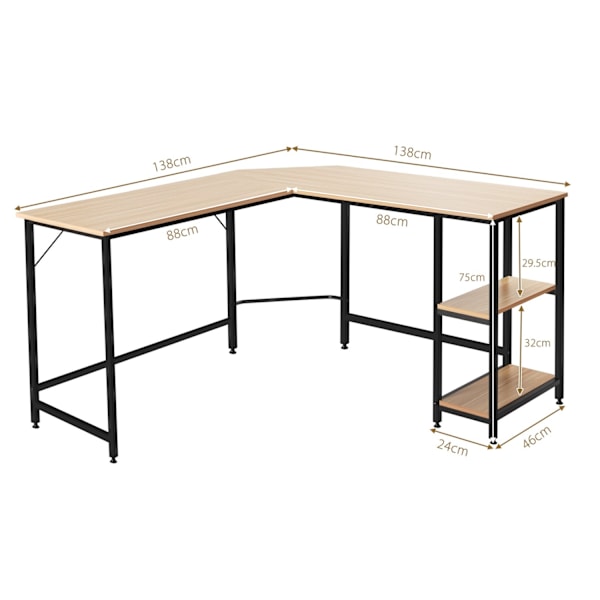 L-format skrivbord hemmakontor med 2 hyllplan 138 x 60 x 75 cm natur