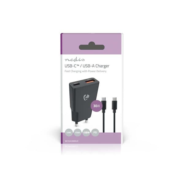 Dual Port GaN Vægoplader, 30W, USB-C & USB-A, Sort