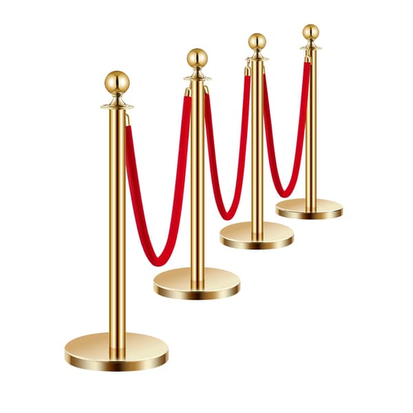 Set med stolpar för publikkontroll, 4-pack, guld, 1,5 meter, röda sammetsrep