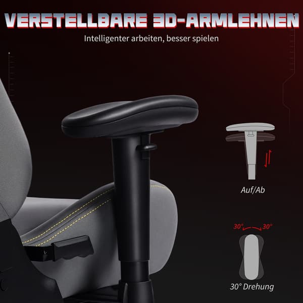 Ergonomisk gamingstol, 3D-armlæn, justerbar, grå
