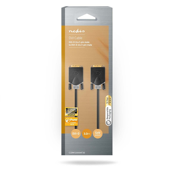 DVI-kabel | DVI-D 24+1-Pin Hane | DVI-D 24+1-Pin Hane | 2560x1600 | Guldplaterad | 3.00 m | Rak | PVC | Antracit | Låda