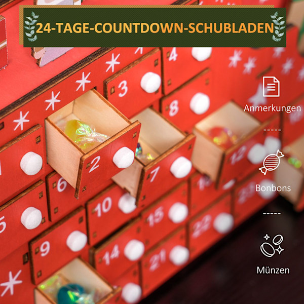 Adventskalender til fyldning af 24 skufferum Julekalender Adventskalenderkasse Julepynt DIY MDF-plade rød 22,5 x 8 x 36 cm