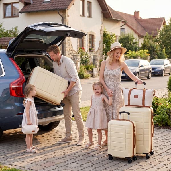 5-delt bagagesæt, TSA-lås, spinnerhjul, beige