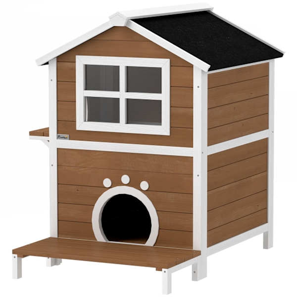 Träkatthus Kattgrotta med fönsterbalkong Väderbeständigt katthus med 2 nivåer avtagbar bas för 1-2 katter inomhus utomhus 66 x 66 x 90 cm Brun
