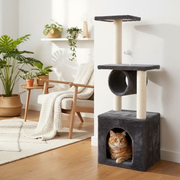 Klösbräda för katt med bädd, 94 cm, grå, flernivå
