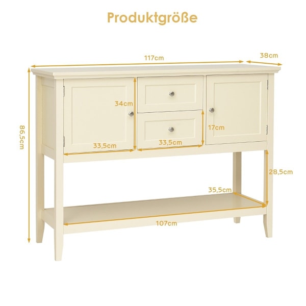 Konsolbord gangbord med 2 skuffer og skabe buffetbord sidebord træ hvid