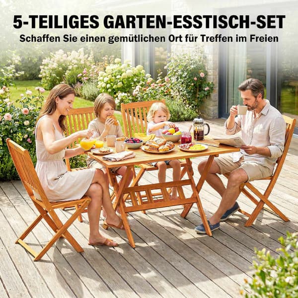 5-delt foldbart terrassesæt, akacietræ, bord og 4 stole
