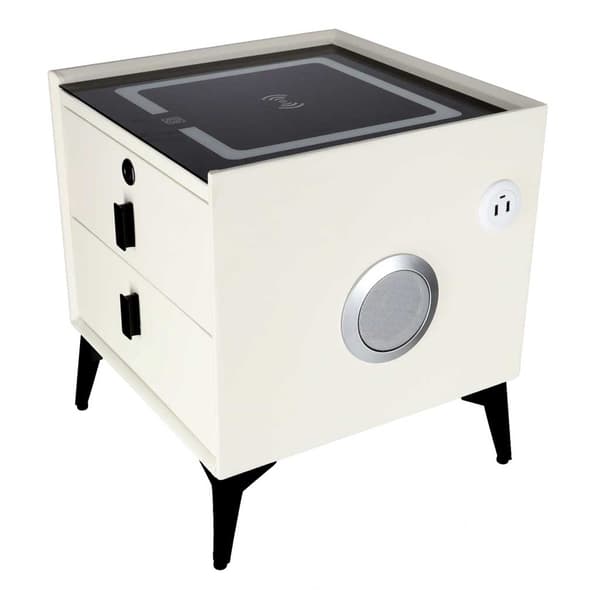 Ecru natbord med LED-belysning, USB-opladning, Bluetooth-højttaler