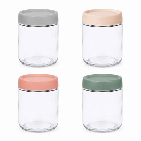 Sæt med 4 syltetøjsglas i glas, 450 ml, pastelfarvede låg