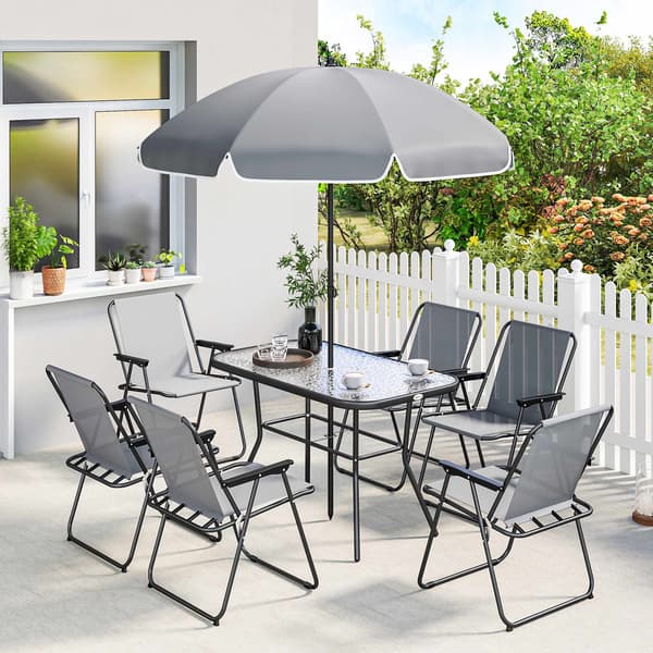 8-delt udendørs spisebordssæt med parasol og foldbare stole