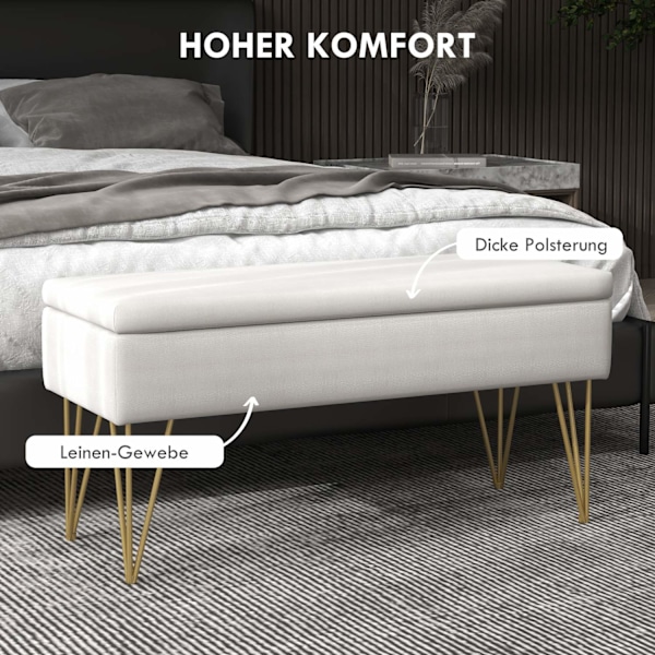 Bænkpolstret bænk med opbevaringsplads, hørlook, sengebænk med stålben, til soveværelse, stue, entre, 100 x 40 x 49 cm, creme