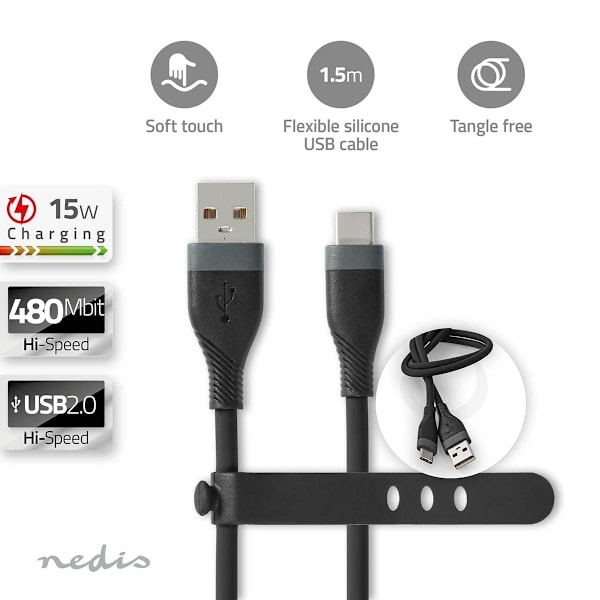 USB-kabel | USB 2.0 | USB-A Han | USB-C™ Han | 15 W | 480 Mbps | Nikkelplateret | 1.50 m | Runde | Silikone | Sort | Box