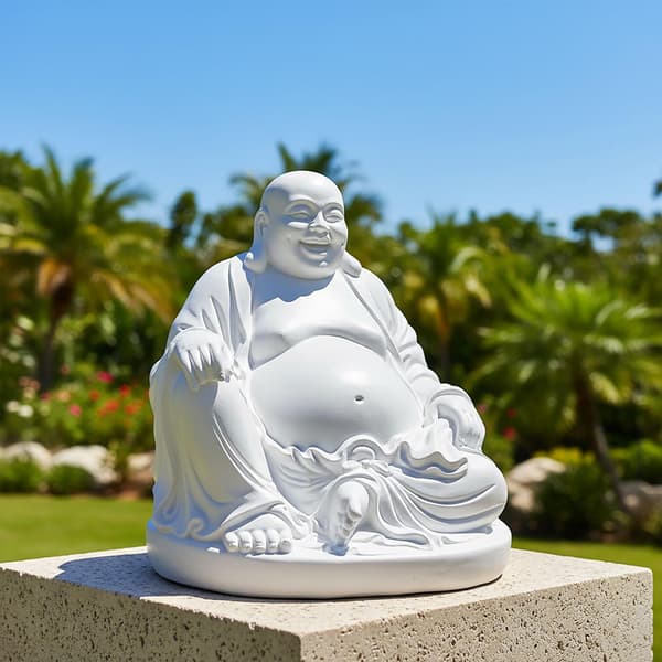 Leende Buddha-statue, 45 cm, stenlook, indendørs/udendørs