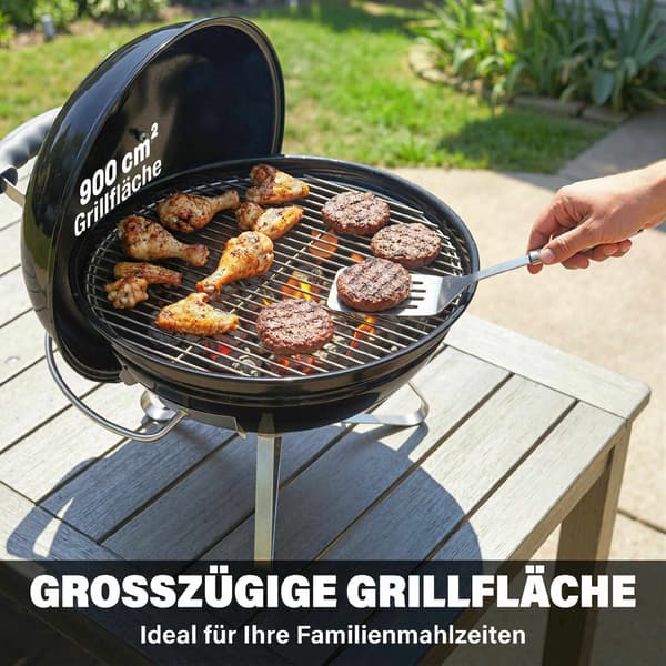 Bärbar kolgrill med lock och ventil, 41 cm