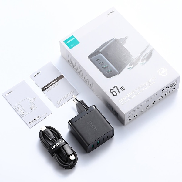 GaN 67W netværksoplader 2x USB 2x USB-C + USB-C kabel 1,2m sort
