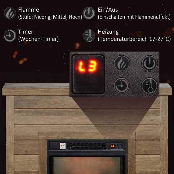 Elektrisk spis 1800 W med mantel och 3D-flameffekt, fjärrkontroll, timer