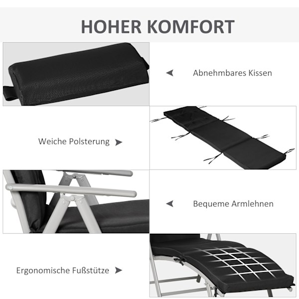 Hopfällbar strandstol, 7 nivåer justerbar, väderbeständig, med dyna, textlinje, polyester, metall, 137 x 63,5 x 100,5 cm, svartAoso
