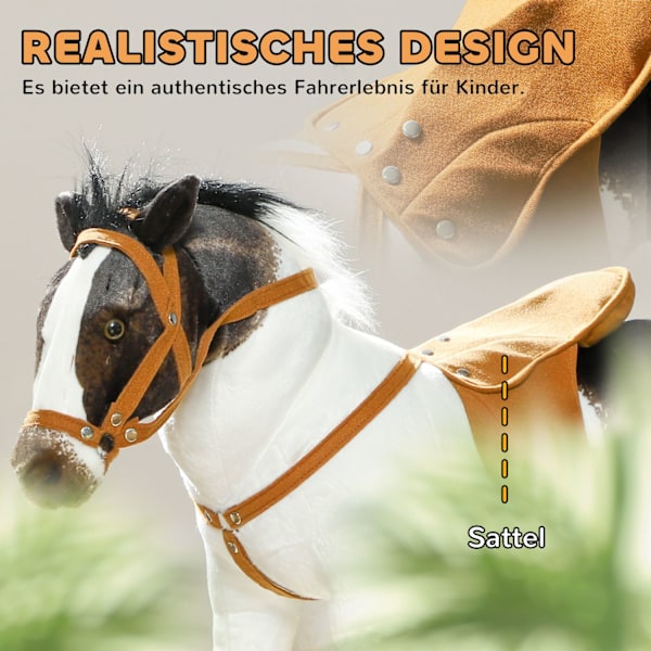 Ridehest med lydfunktion, 48 cm højde legehest til ridning med sadel og trense, stående hest til børn 3-8 år, metal, brun + cremehvid