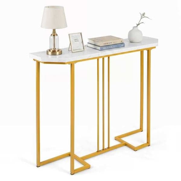 Smalt konsolbord, hvid marmorplade, guld geometrisk stel