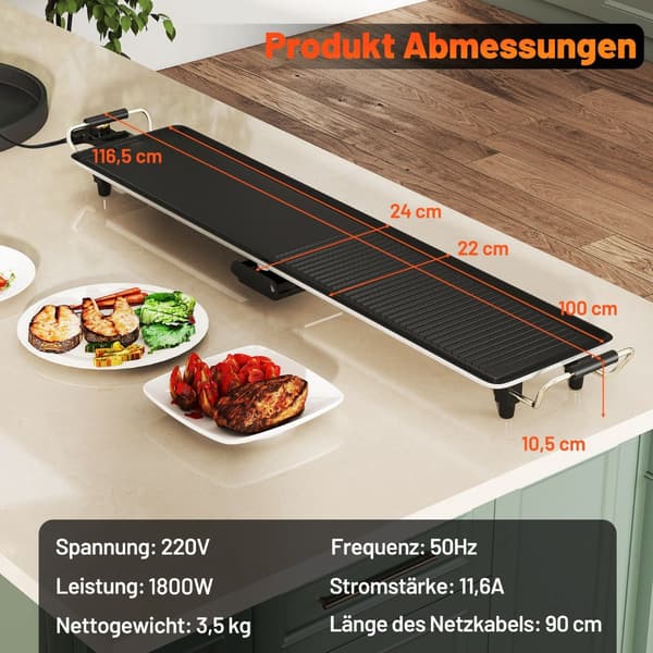 Teppanyakigrill 1800W, Non-stick, Justerbar temperatur, 100cm