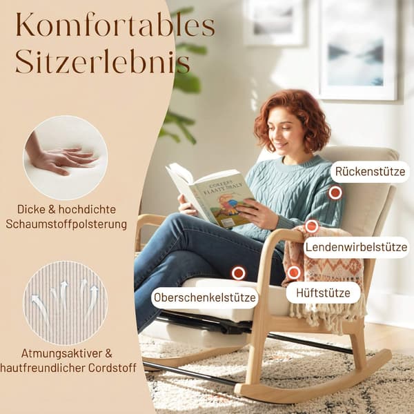 Säädettävä keinutuoli jalkatuella, beige sametti