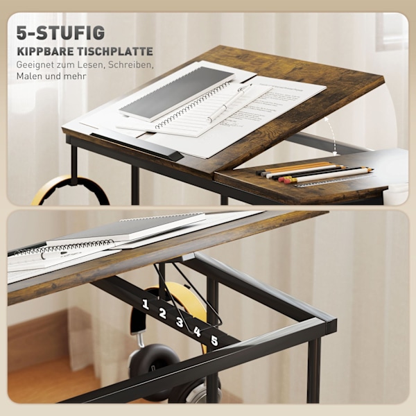 Højdejusterbart skrivebord 92 x 40 cm Computerskrivebord med hjul Vippeplatform Opbevaringspose til studiekontor Stål Rustik Brun