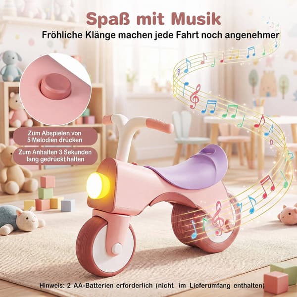 Børne lyserød balancecykel med lys og musik