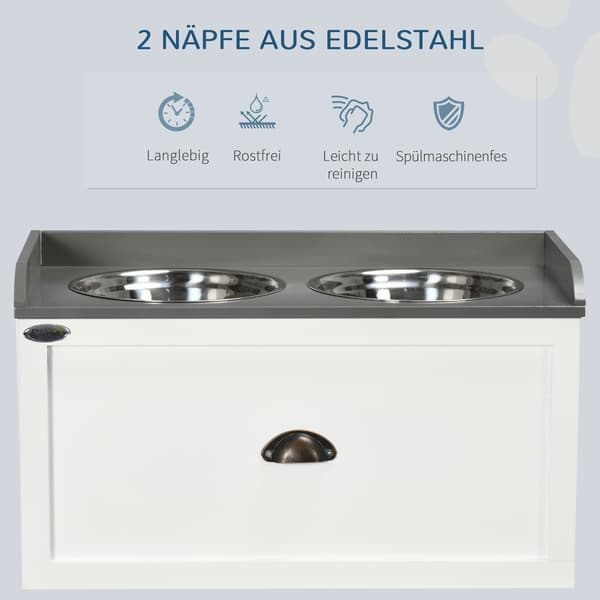 Hundeskål Med Skuffe 2X2L Forhøjet Rustfrit Stål Foderstation Til Katte/Hunde, Hvid