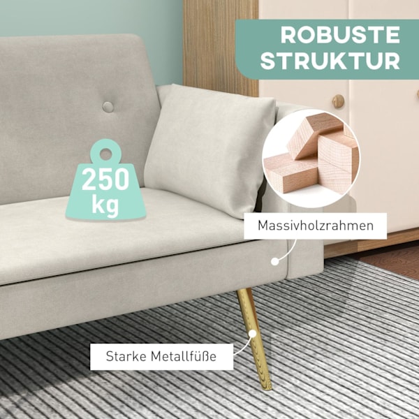 Bäddsoffa, bäddsoffa med justerbart ryggstöd, sidoficka, vadderad 2-sits soffa med sovfunktion, kuddar, för vardagsrum, sovrum, beige