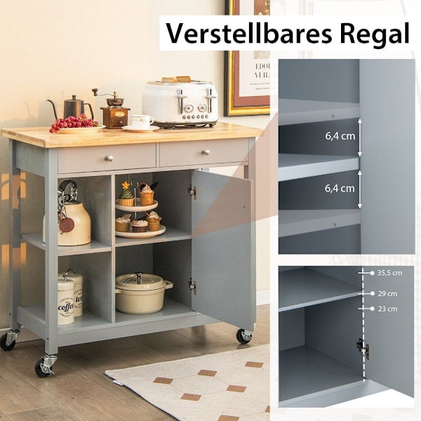 Køkkenvogn med hjul Køkkenø med bordplade Serveringsvogn med 2 skuffer 99 x 46 x 90 cm Grå