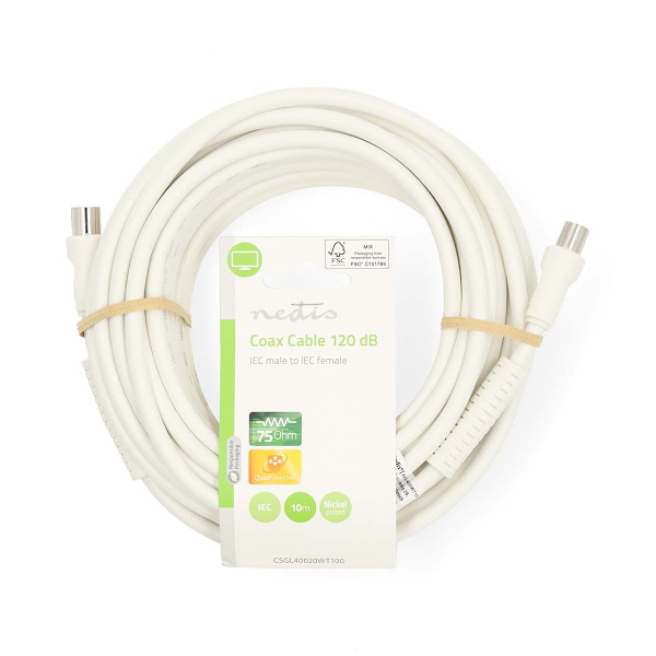 Coax Cable | IEC (Coax) Han | IEC (Coax) Hun | Nikkelplateret | 120 dB | 75 Ohm | Quad Skærmet | 10.0 m | Runde | PVC | Hvid | Label