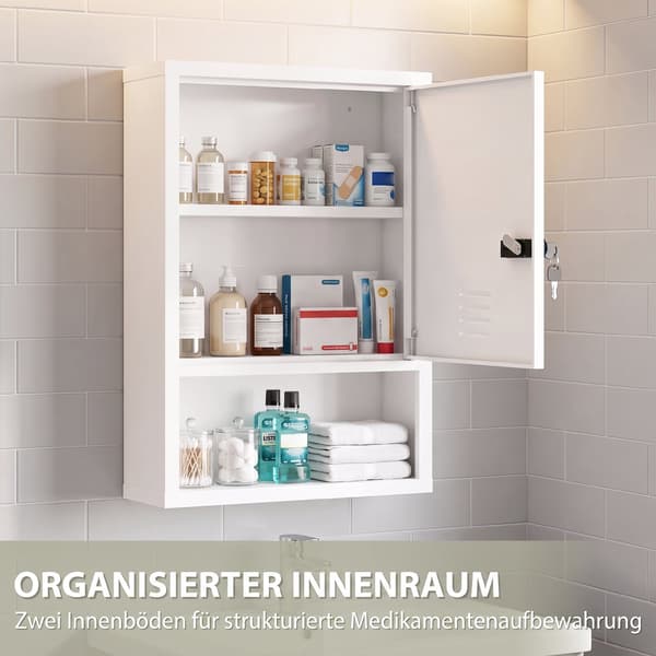 Väggmonterat medicinskåp med lås, vit, stål