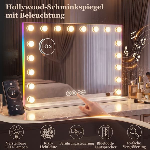LED makeupspejl med Bluetooth, RGB, 10x forstørrelse