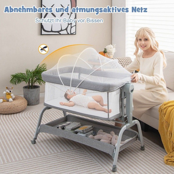 4 i 1 mobil babysäng med myggnät & madrass & 6 justerbara höjder grå