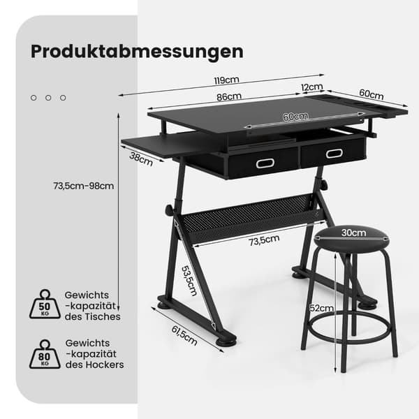 Justerbart tegnebord med skammel, vippebord, 2 skuffer