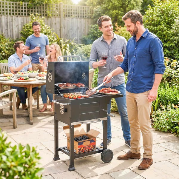 Kompakt kolgrill med termometer och sidobord