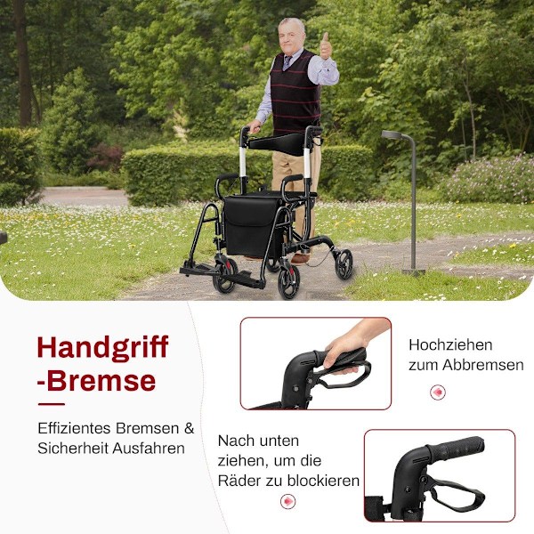 Rollator hopfällbar och lätt med säte 2 i 1 rullstol & reserollator gånghjälp 6-vägs höjdjusterbar